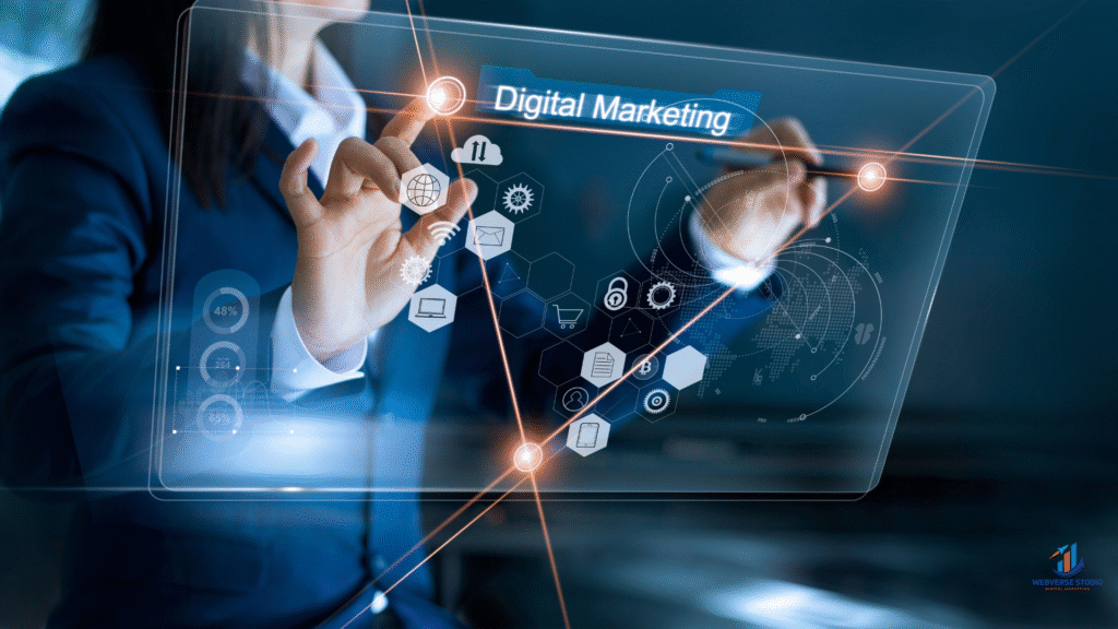 “Business professional interacting with a futuristic digital interface showing icons of online marketing, analytics, e-commerce, and technology, representing digital marketing services.”